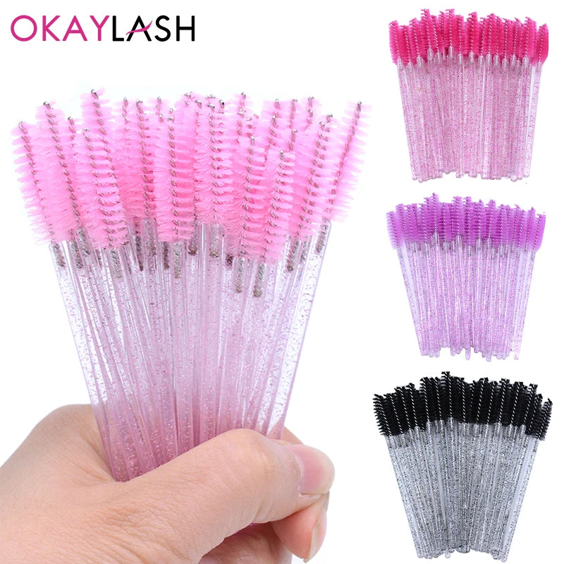 50Pcs Disposable Micro Glitter Eyelash Mascara Wands Mini Crystal Eye Lashes Brush Comb Eyebrow Spoolies Makeup Beauty Tools