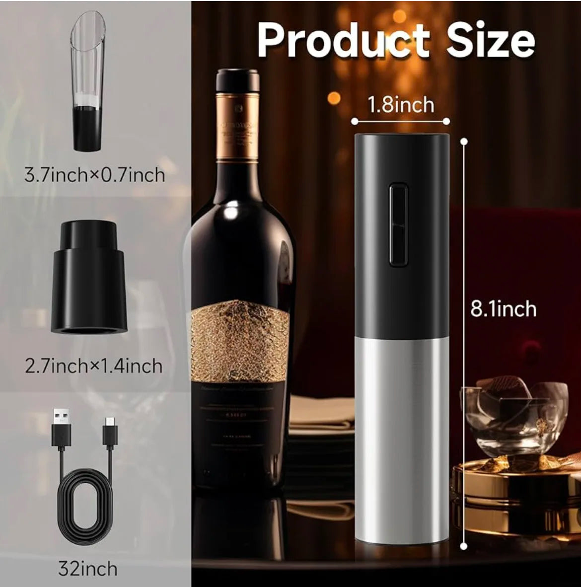 Automatic Wine Corkscrew with Air Pump Foil Cutter Vacuum Stoppers Rechargeable Vino Bottle Openers Set 4pcs Kitchen Acceesories