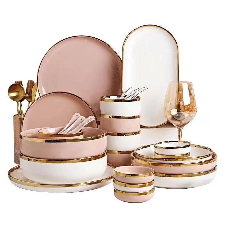 Bright White And Pink With Gold Rim Porcelain Plates Kitchen Dinner Plate Set Ceramics Food Dishes Salad Noodles Bowl