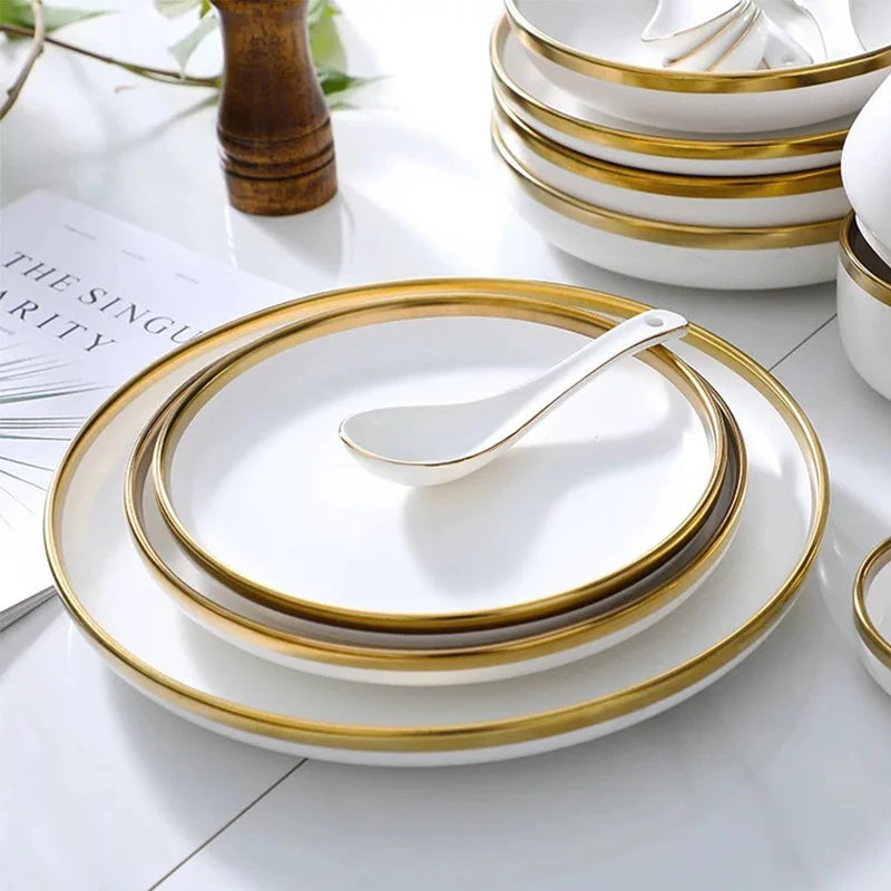 White Tableware Dish Phnom Penh White and Gold Kitchen Dinner Dishes Front Plate Plates Dinner Sets Food Ceramic Dining Bar Home