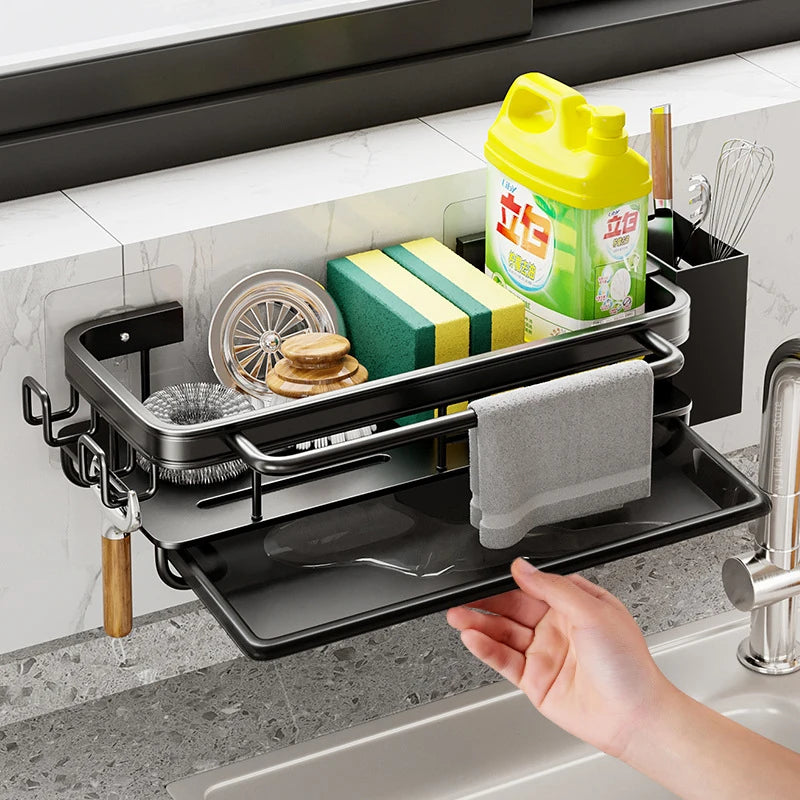 Space Aluminum Kitchen Sink Organizer Sponge Soap Storage Rack Hanging Drain Holder Basket for Bathroom Shampoo Shelf