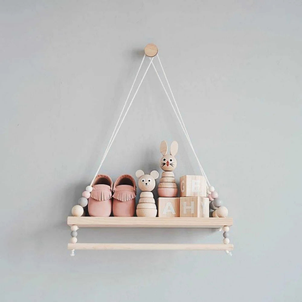 Wooden Beads Wall Hanging Shelf Swing Rope Floating Shelves Display Storage Rack Decor For Home Office Cafe Kid Room