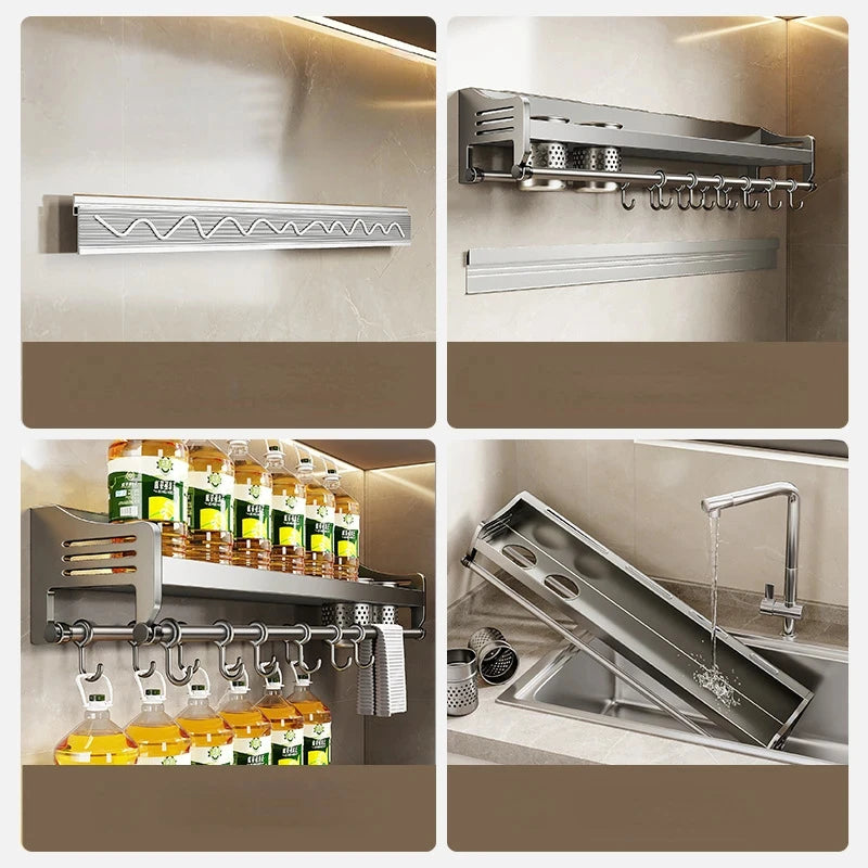 Wall-mounted Kitchen Organizer Shelf Spice Storage Rack Household Seasoning Chopsticks Knife Spoon Shovel Storage Holder