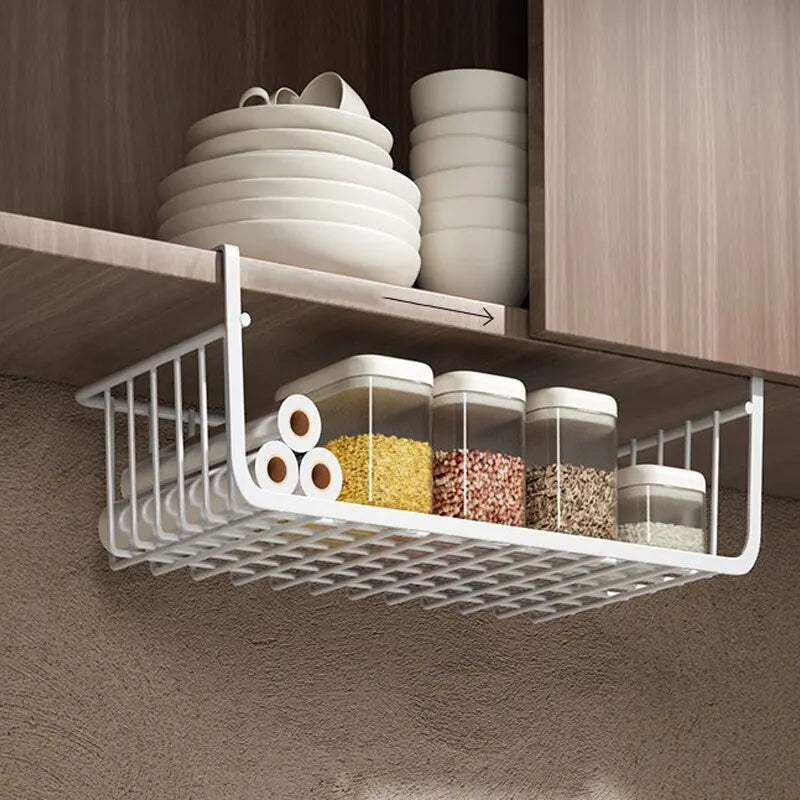 1pc White/Black Hanging Net Basket Iron Material Large Capacity Hanging Under Cabinet Wall Wardrobe Storage Basket Kitchen Tools