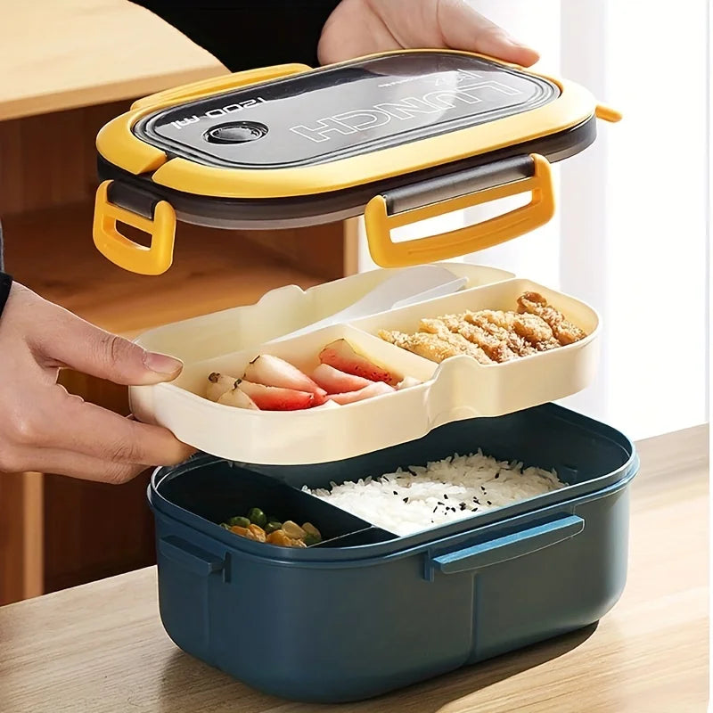 1 Set Lunch Box Thickened Plastic Divided Compartment Double Layer Meal Box Office Worker Bento Box Microwave Oven Available