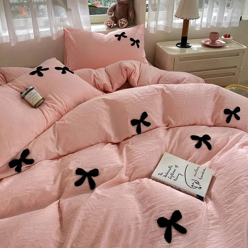 Princess Bowknot Bedding Set Pink Duvet Cover Bed Flat Sheet Girls Solid Color Bed Linens Washed Cotton Bedclothes Decor Home