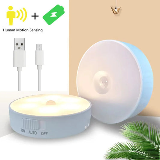 Motion Sensor Light Led USB NightLights Round Chargeable Lamp for Bedroom Kitchen Stair Hallway Wardrobe Lighting Cupboard