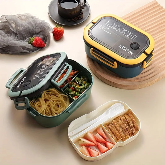 1 Set Lunch Box Thickened Plastic Divided Compartment Double Layer Meal Box Office Worker Bento Box Microwave Oven Available