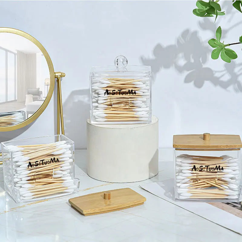 1pc7 Oz Cotton Swab Pads Holder Organize And Store Cotton Buds In Style With Wood Lids Perfect For Bathroom And Apothecary Jars