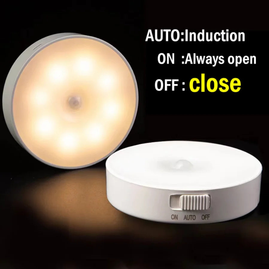 Motion Sensor Light Led USB NightLights Round Chargeable Lamp for Bedroom Kitchen Stair Hallway Wardrobe Lighting Cupboard