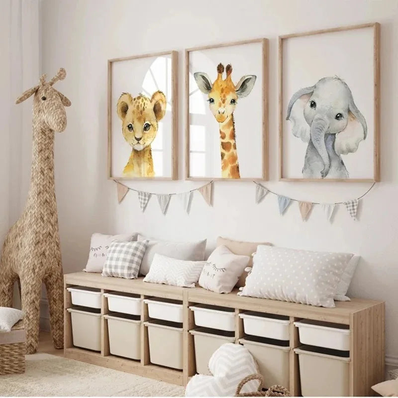 Modern Zoo Elephant Giraffe Canvas Prints Set of Three Animal Wall Art Poster Picture for Children's Room Bedroom Decor Cuadros