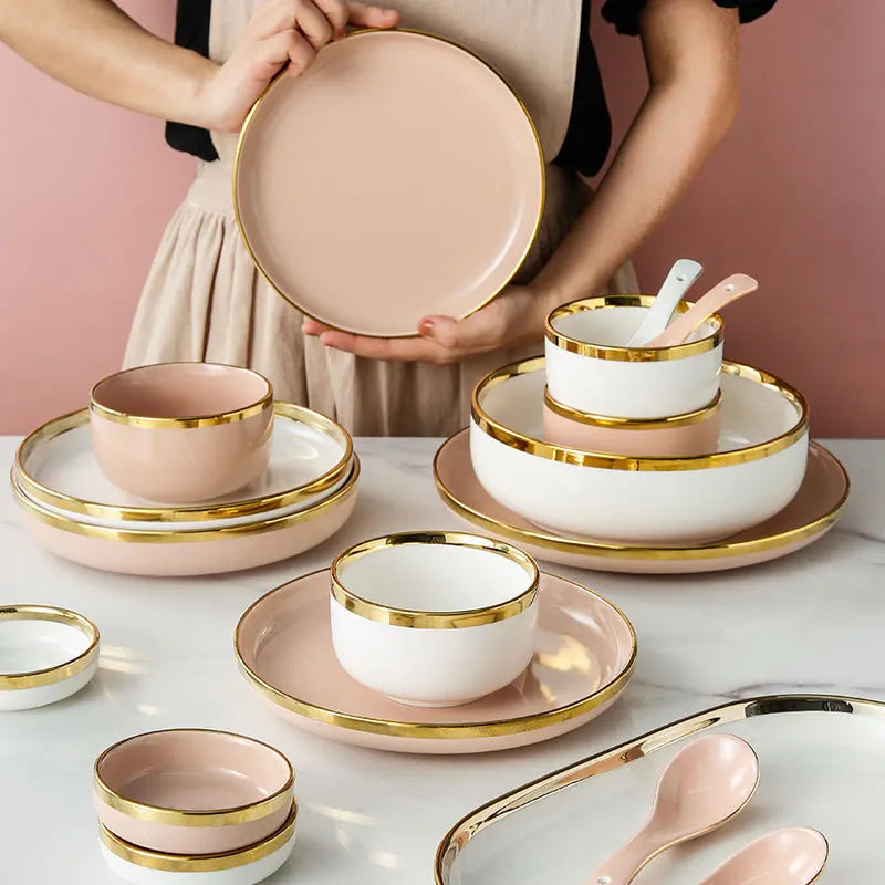 Bright White And Pink With Gold Rim Porcelain Plates Kitchen Dinner Plate Set Ceramics Food Dishes Salad Noodles Bowl