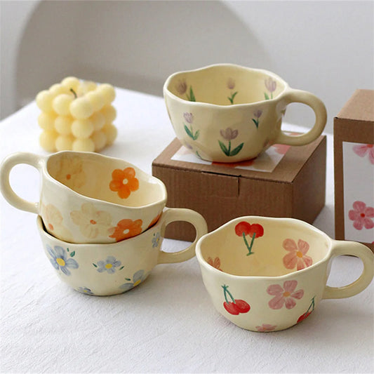 Ceramic Mugs Coffee Cups Hand Pinched Irregular Flower Milk Tea Cup ins korean style Oatmeal Breakfast Mug Drinkware Kitchen