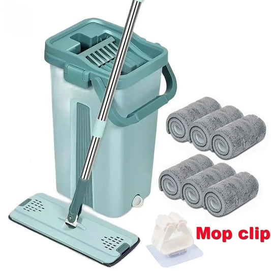 NEW Flat Squeeze Mop with Bucket Hand Free Wringing Floor Cleaning Mop Microfiber Mop Pads Wet or Dry Usage on Hardwood Laminate