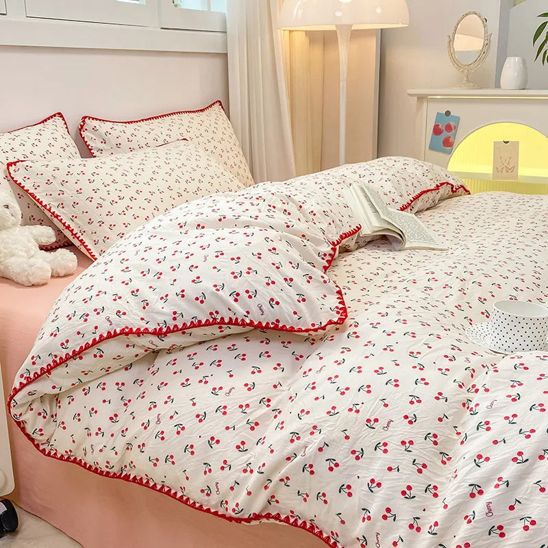 Bedding Set INS Girls Cherry  Soft Washed Cotton Bed Sheet Queen King Size Duvet Set  Comforter Set Pillowcase Bed Linens