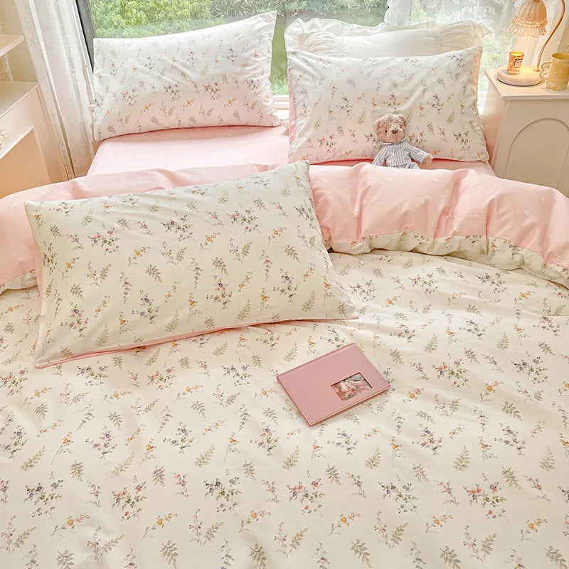 Ins Pink Floral Bedding Set For Girls Woman Duvet Cover Flat Sheet and Pillowcase Soft Thin polyester Bed Linen Home Textile