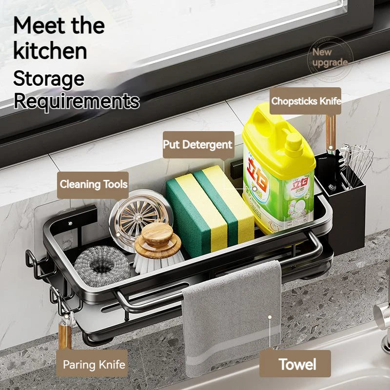 Space Aluminum Kitchen Sink Organizer Sponge Soap Storage Rack Hanging Drain Holder Basket for Bathroom Shampoo Shelf