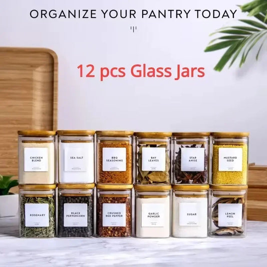 12 Pcs Square or Round Glass Food Storage Containers Glass Seasonning Jars with Bamboo Lid Printed Labels Kitchen Organization