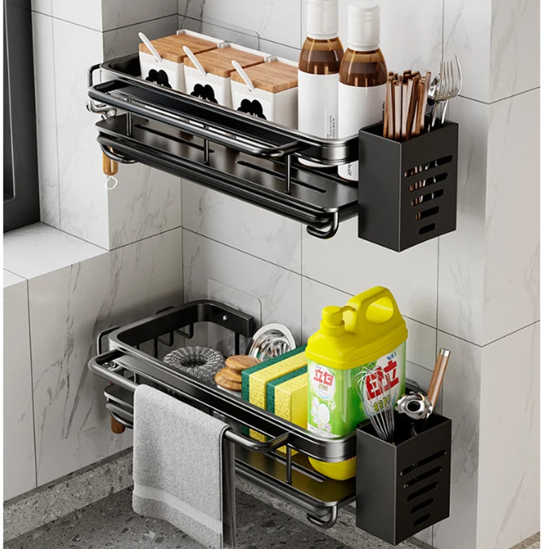 Space Aluminum Kitchen Sink Organizer Sponge Soap Storage Rack Hanging Drain Holder Basket for Bathroom Shampoo Shelf