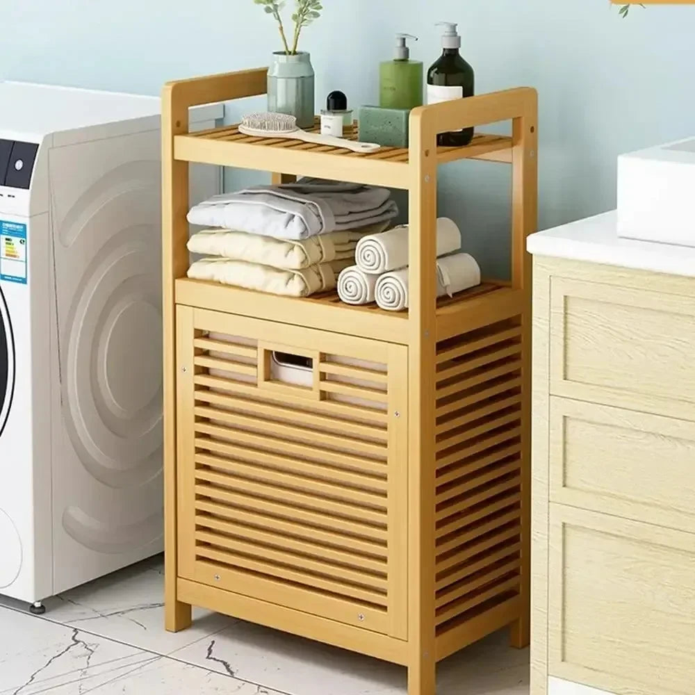 Bamboo Laundry Basket 3/4 Tier Wooden Storage Hamper With Tilt Out Basket Multi-function Bathroom Rack Laundry Hamper with Shelf