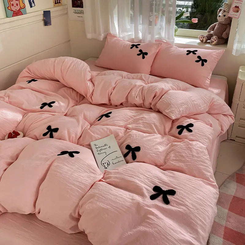 Princess Bowknot Bedding Set Pink Duvet Cover Bed Flat Sheet Girls Solid Color Bed Linens Washed Cotton Bedclothes Decor Home