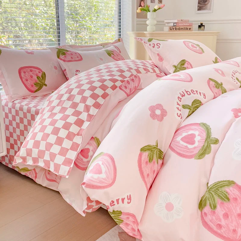 Cute Strawberry Duvet Cover, Floral Thickened Comforter Covers Kawaii Bedding Set, Soft Reversible Design for Girls Women Boys