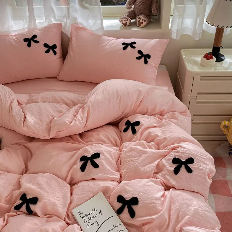 Princess Bowknot Bedding Set Pink Duvet Cover Bed Flat Sheet Girls Solid Color Bed Linens Washed Cotton Bedclothes Decor Home