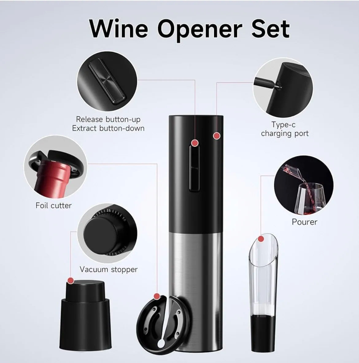 Automatic Wine Corkscrew with Air Pump Foil Cutter Vacuum Stoppers Rechargeable Vino Bottle Openers Set 4pcs Kitchen Acceesories