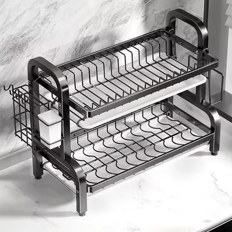 Dish Drying Rack 2-Tier Compact Kitchen Dish Rack Drainboard Set Large Rust-Proof Dish Drainer with Utensil Holder