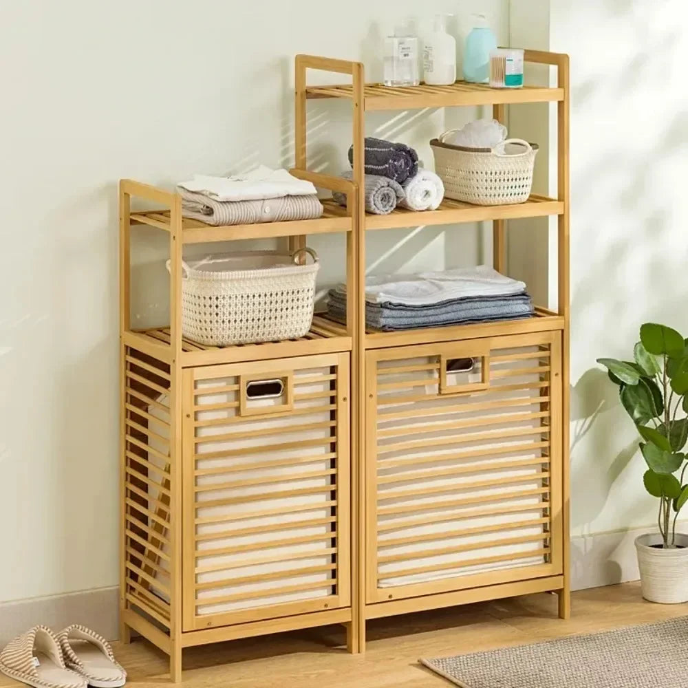 Bamboo Laundry Basket 3/4 Tier Wooden Storage Hamper With Tilt Out Basket Multi-function Bathroom Rack Laundry Hamper with Shelf