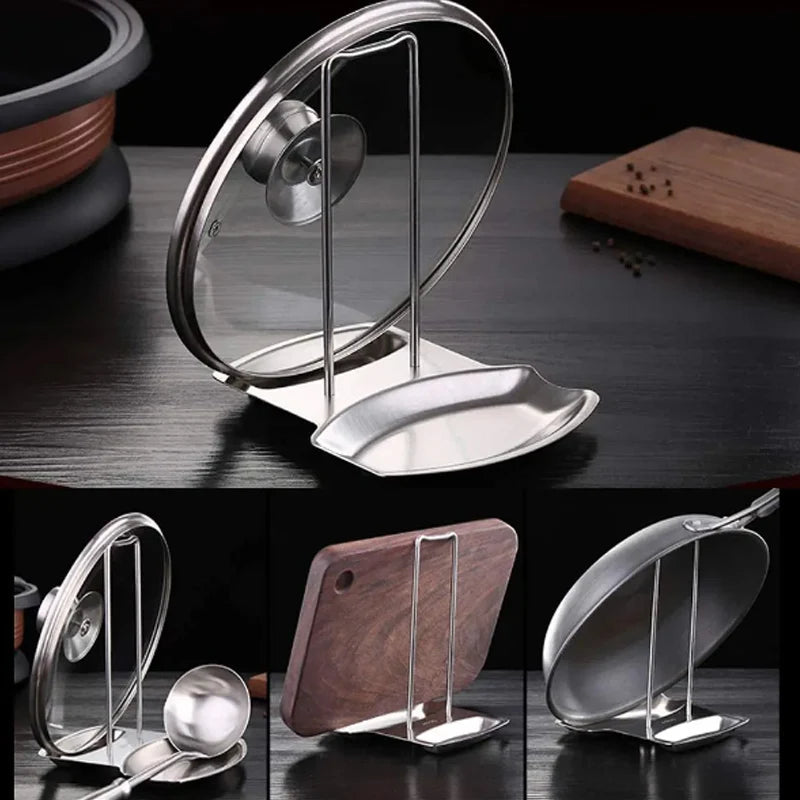 Stainless Steel Pan Pot Cover Stand Silver Color Soup Spoon Holder Drain Rack Stove Organizer Storage Kitchen Accessories