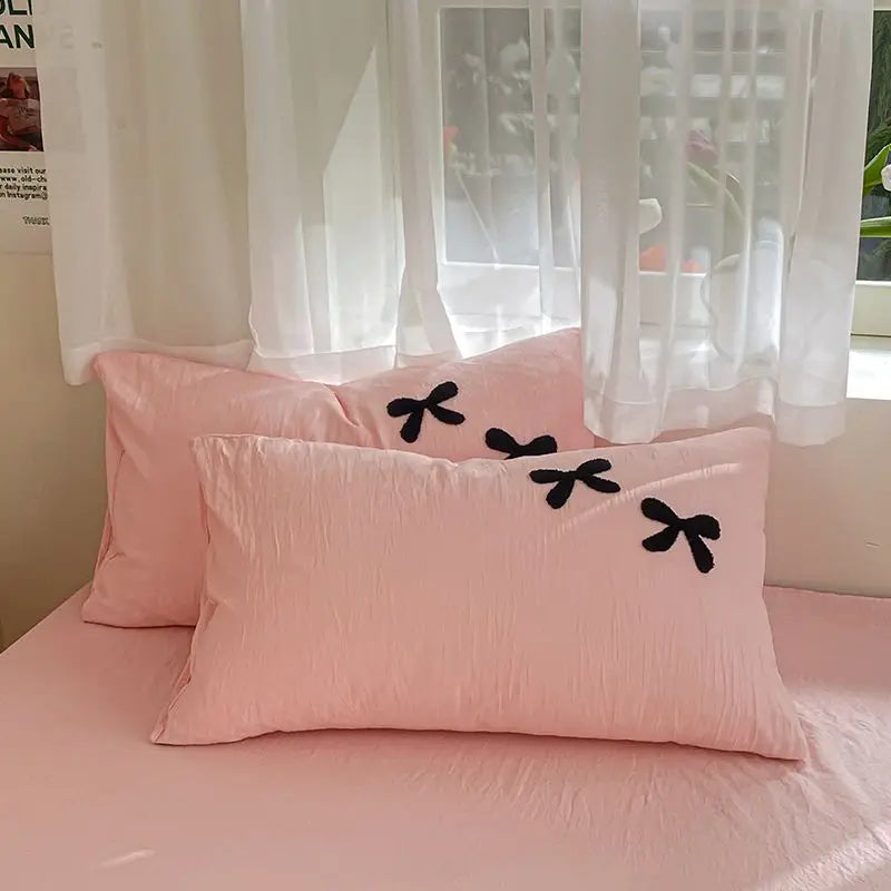 Princess Bowknot Bedding Set Pink Duvet Cover Bed Flat Sheet Girls Solid Color Bed Linens Washed Cotton Bedclothes Decor Home