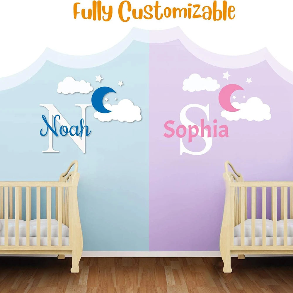 Custom Name Moon Star Cloud Wall Sticker Baby Nursery Kids Room Personalized Space Sky Decal Bedroom Playroom