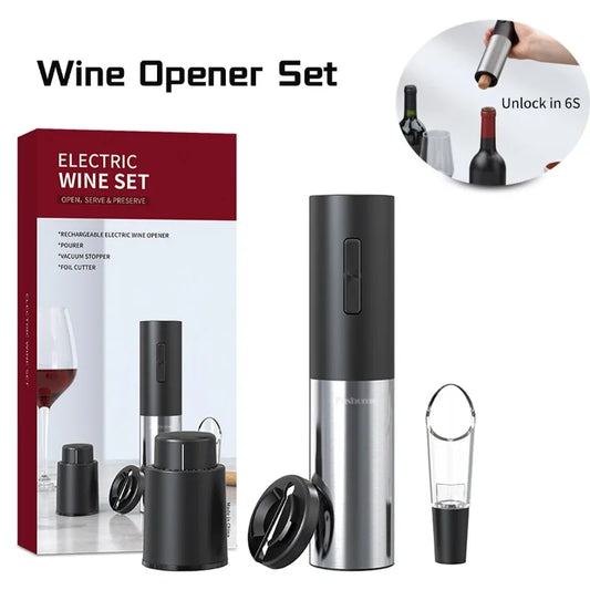 Automatic Wine Corkscrew with Air Pump Foil Cutter Vacuum Stoppers Rechargeable Vino Bottle Openers Set 4pcs Kitchen Acceesories