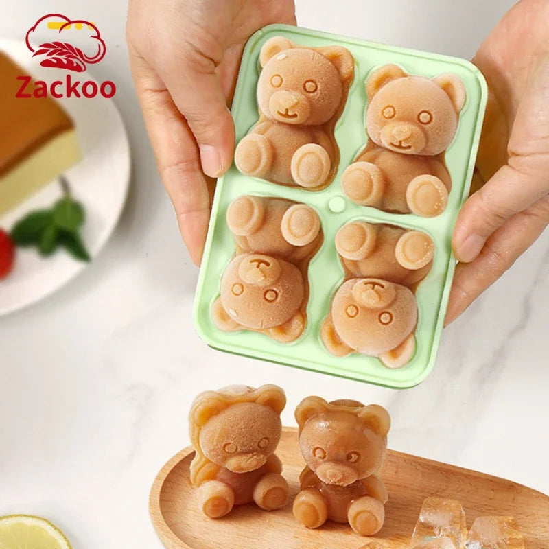 Zackoo 4Grid 3D Bear Ice Cube Tray Mould Home Frozen Coffee Milk Tea Ice Cream Maker Silicone Molds Pastry Kitchen Acceesories