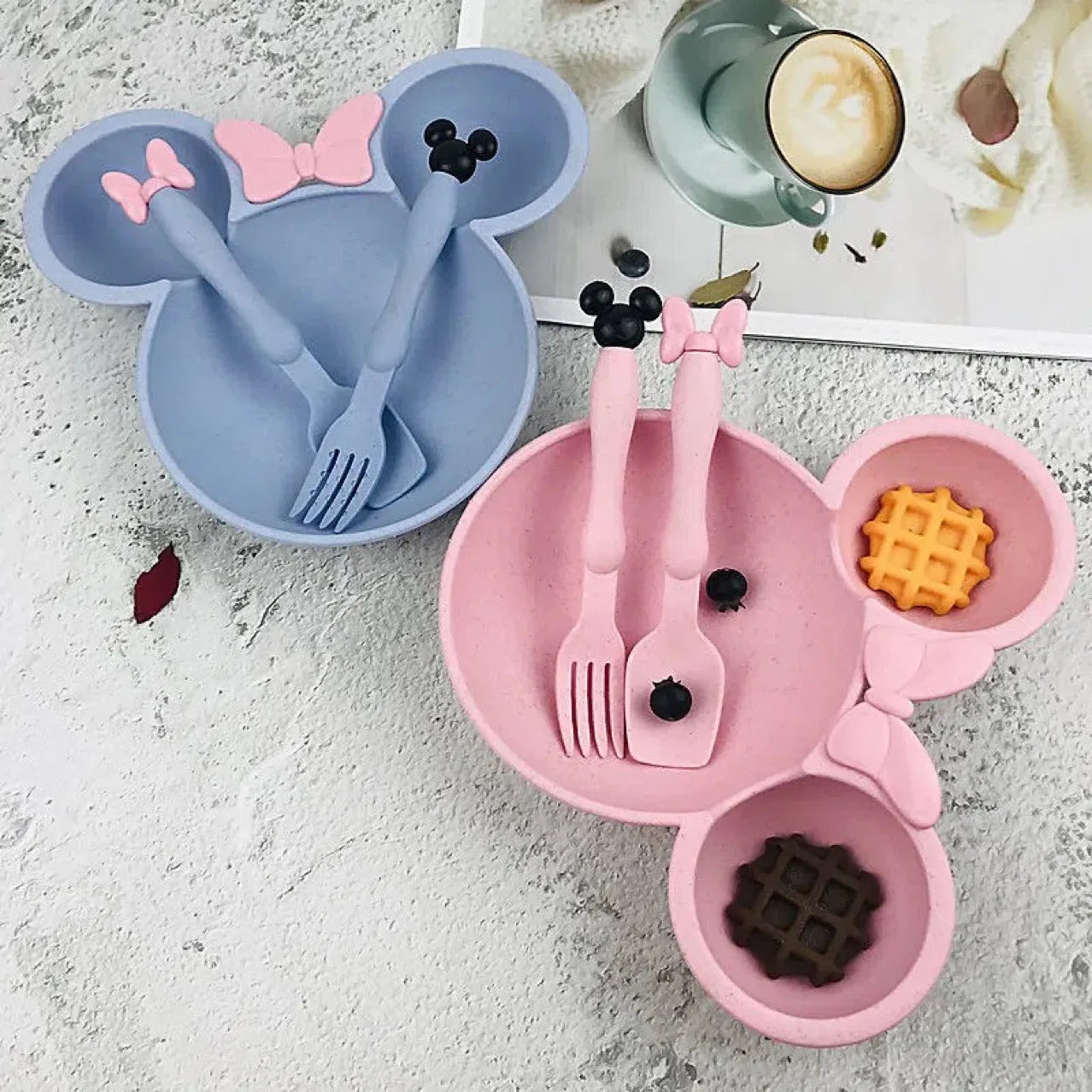 3Pcs/set Cartoon Baby Bowl Tableware Set Wheat Straw Children's Dishes Kids Dinner Feeding Plate Bowknot Food Plate Spoon Fork