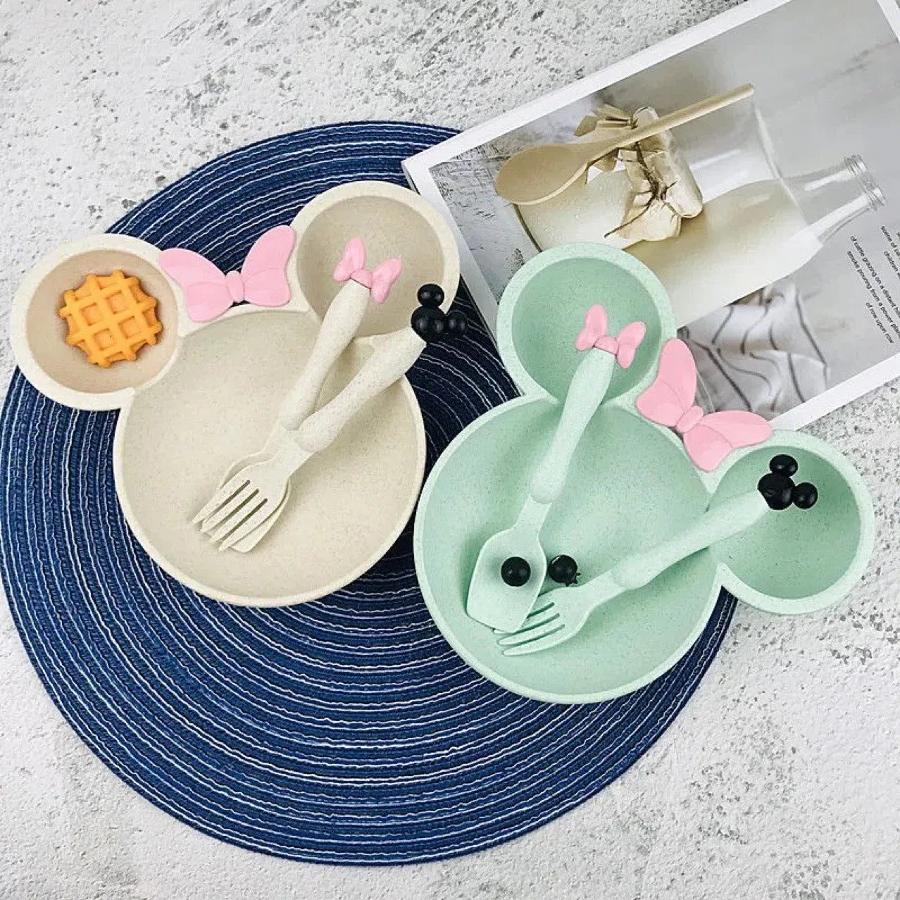 3Pcs/set Cartoon Baby Bowl Tableware Set Wheat Straw Children's Dishes Kids Dinner Feeding Plate Bowknot Food Plate Spoon Fork