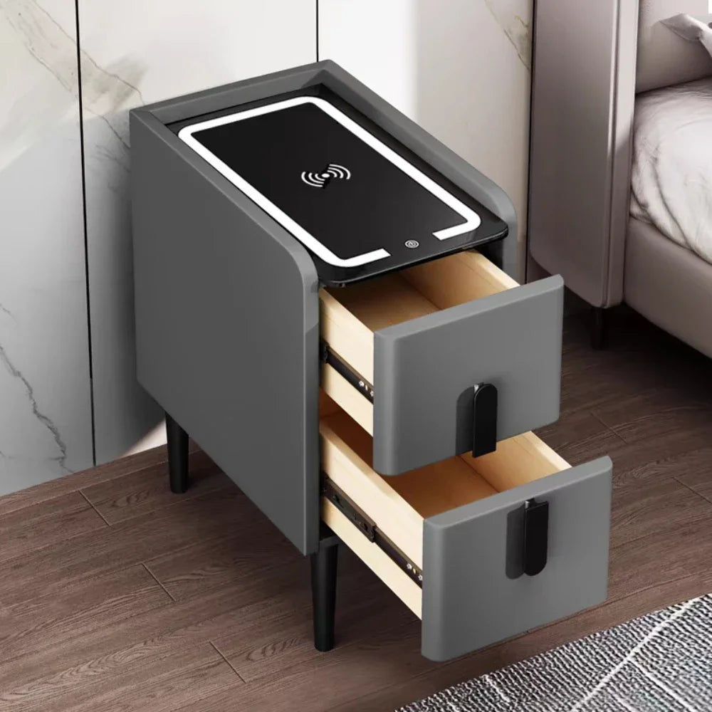 Minimalism Modern Smart Bedside Table with Wireless USB Charging and 3 Colors LED Narrow Smart Nightstands for Bedroom Furniture