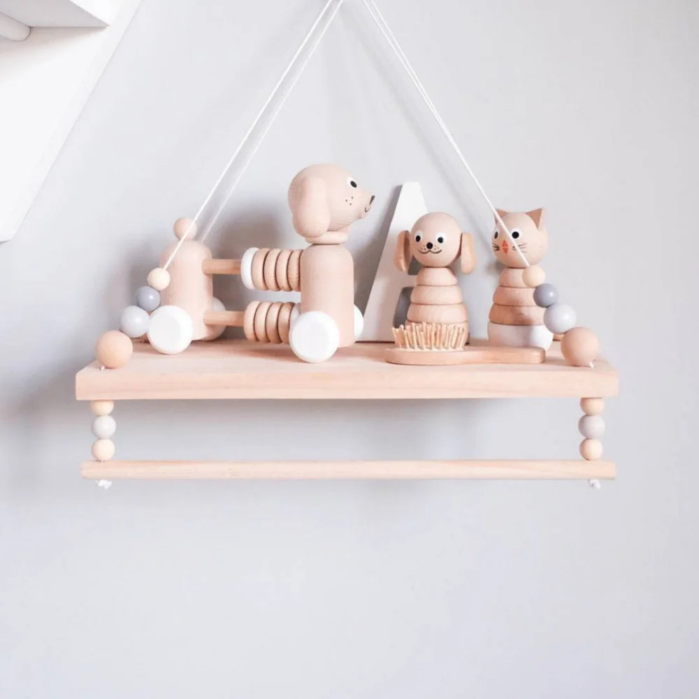 Wooden Beads Wall Hanging Shelf Swing Rope Floating Shelves Display Storage Rack Decor For Home Office Cafe Kid Room