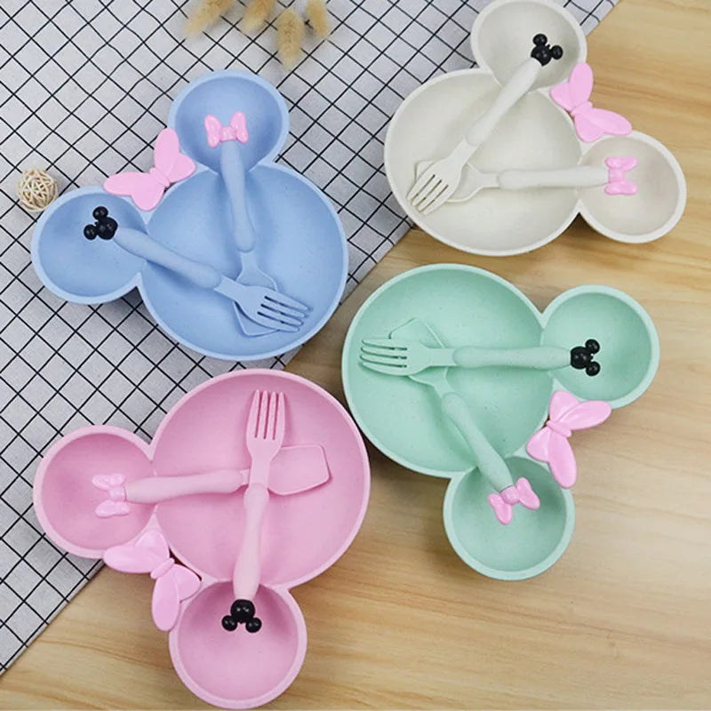 3Pcs/set Cartoon Baby Bowl Tableware Set Wheat Straw Children's Dishes Kids Dinner Feeding Plate Bowknot Food Plate Spoon Fork