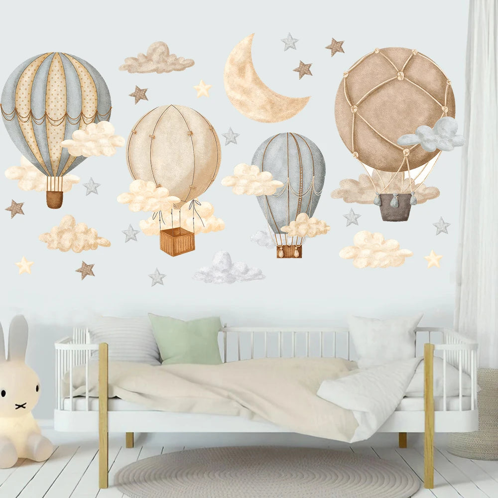 Cartoon Hot Air Balloon and Star Wall Sticker Playroom Kids Room Moon Cloud Wall Decal Bedroom Home Decor