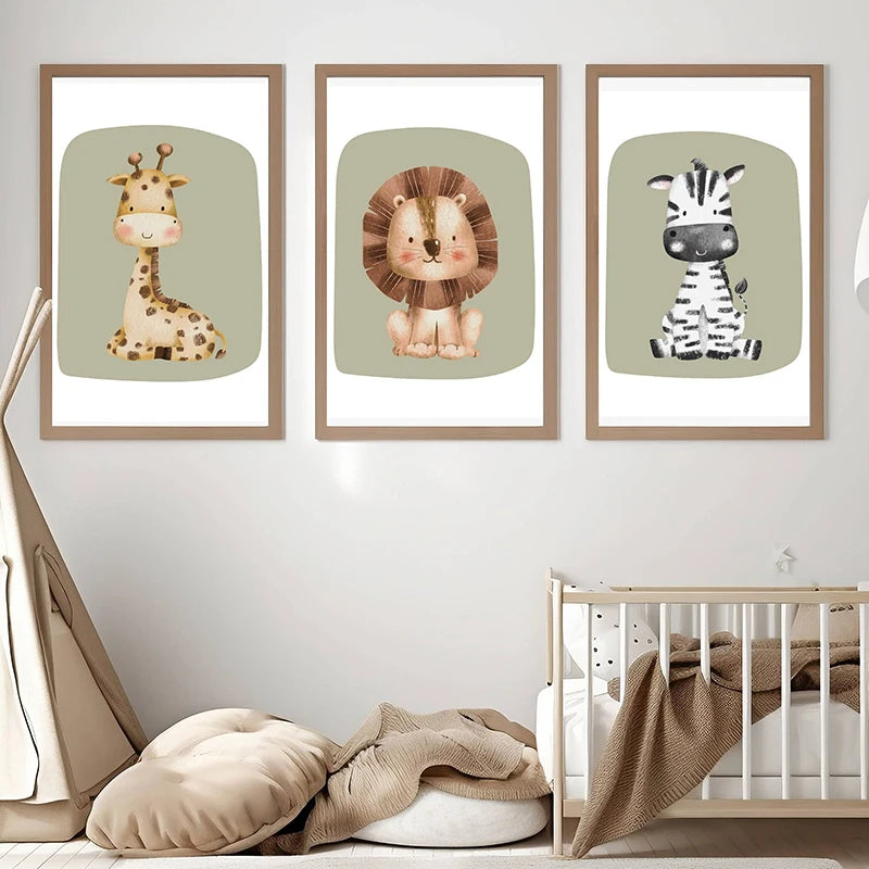 Safari Animal Lion Zebra Giraffe Posters and Prints Canvas Painting Wall Art Picture for Sage Green Nursery Kids Room Home Decor