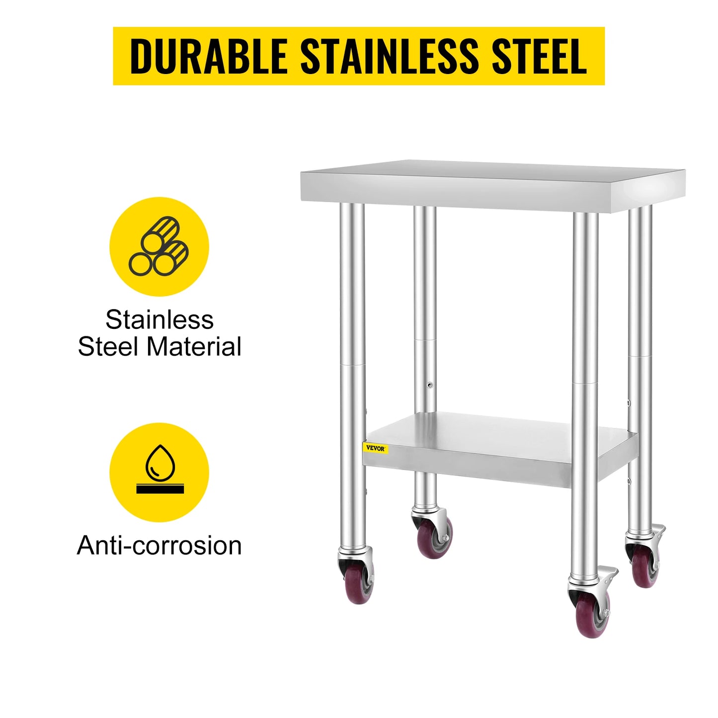 VEVOR Stainless Steel Kitchen Worktable shelves Commercial Work Bench Table with Caster Wheels for Home Restaurant Storage